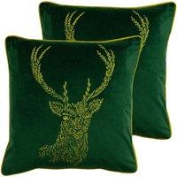 Furn. Forest Fauna Stag Twin Pack Polyester Filled Cushions Emerald/Gold, Green