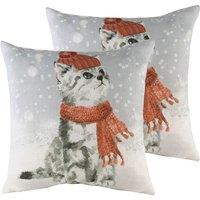 Evans Lichfield Snowy Cat With Scarf Twin Pack Polyester Filled Cushions Multi, Multi