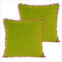 Paoletti Velvet Pom-Pom Twin Pack Polyester Filled Cushions Green/Fuchsia, Green