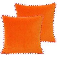 Paoletti Velvet Pom-Pom Twin Pack Polyester Filled Cushions Orange/Fuchsia, Orange