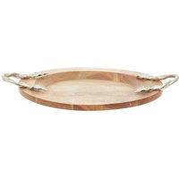 Interiors By Ph Large Round Tray, Acacia Wood, Aluminium Leaf Handles, Brown