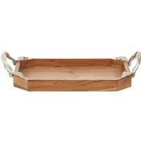 Interiors By Ph Small Rectangular Tray, Acacia Wood, Aluminium Leaf Handles, Brown