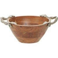 Interiors By Ph Small Round Bowl, Acacia Wood, Aluminium Leaf Handles, Brown