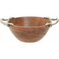 Interiors By Ph Large Round Bowl, Acacia Wood, Aluminium Leaf Handles, Brown
