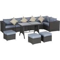 Outsunny 10 Pieces Rattan Sofa Set Table Stool Cushion Conservatory Wicker, Grey