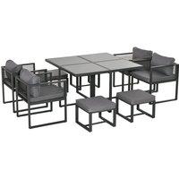 Outsunny 8 Seater Aluminium Garden Dining Cube Set w/ 4 Chairs 4 Footstools, Grey