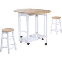 HOMCOM 3 Piece Space Saving Mobile Wooden Dining Set With 2 Folding Stools White And Natural Wood, Brown