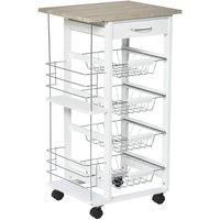 HOMCOM Multi Use Rolling Kitchen Island Vegetable Trolley With Wire Baskets And Worktop Natural And White, White
