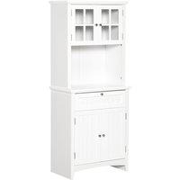 HOMCOM Farmhouse Style Kitchen Storage Cupboard With Microwave Shelf And Windowed Cabinets White, White