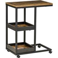 HOMCOM C Shaped Mobile Over Bed/Sofa Table With 3 Tier Shelves Rustic Wood Finish, Brown