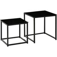 HOMCOM Nest Of 2 Side Tables Black Tempered Glass Top, Black