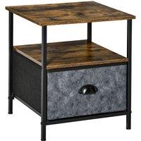 HOMCOM Side Table With Grey Fabric Drawer And Shelf Compartment Rustic Wood Finish, Brown