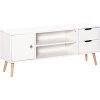 HOMCOM Modern TV Stand With Storage Shelf White Wood Legs, White