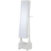 HOMCOM Freestanding Mirror Hidden Jewellery Storage With Adjustable Brightness LED Lights And Drawer White, White
