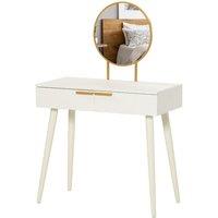 HOMCOM Retro Style Dressing Table With 2 Drawers Round Mirror Hairpin Legs White Wood Grain, White
