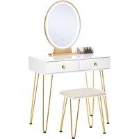 HOMCOM Dressing Table Set With Oval LED Mirror And Stool 2 Drawers White Gold Hairpin Legs, White
