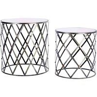 Interiors By PH Set Of 2 Tables Mirror Top Diamond Design Metal Frame, Silver