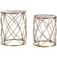 Interiors By PH Set Of 2 Side Tables Mirror Top Distressed Gold Metal Round, Gold