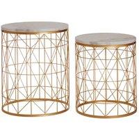 Interiors By PH Round Side Tables White Marble Tops Gold Finish Iron, White