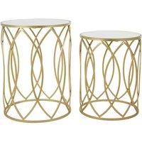 Interiors By PH Set Of 2 Round Side Tables Mirrored Tops Champagne Finish Metal Cut Out Base