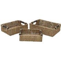 Jvl Seagrass Set Of 3 Rectangular Storage Baskets With Wooden Handles, Brown