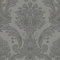 Belgravia Decor Amara Damask Gunmetal Wallpaper 10m x 53cm, Black