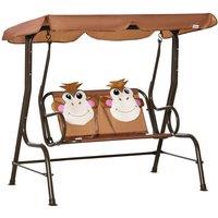 Outsunny Two-seat Kids Canopy Swing Chair With Adjustable Awning Seatbelt - Brown, Brown