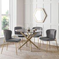 Julian Bowen Montero Round Dining Table And 4 Harper Grey Chairs Set, Gold