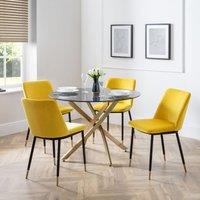 Julian Bowen Montero Round Dining Table And 4 Delaunay Mustard Chairs Set, Gold