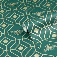 Furn. Bee Deco Emerald Green Geometric Foil Wallpaper 10m x 53cm, Green