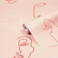 Furn. Kindred Blush Pink Abstract Faces Printed Wallpaper 10m x 53cm, Pink