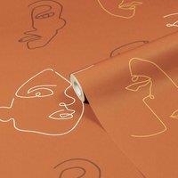 Furn. Kindred Terracotta Orange Abstract Faces Printed Wallpaper 10m x 53cm, Orange