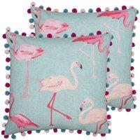 Paoletti Flamingo Polyester Filled Cushions Twin Pack Linen Duck Egg, Blue