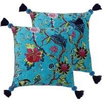 Paoletti Tree Of Life Polyester Filled Cushions Twin Pack Cotton Kingfisher, Blue