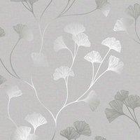 Holden Decor Glistening Ginkgo Grey Silver Wallpaper 10m x 53cm, Grey