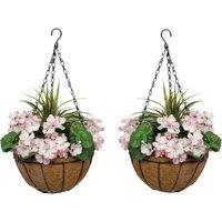 Greenbrokers Artificial Pink Geraniums Round Coir Hanging Basket set Of 2 , Pink