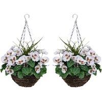 Greenbrokers Artificial White Pansy Round Rattan Hanging Basket set Of 2 , White