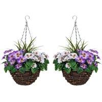 Greenbrokers Artificial Purple & White Pansy Round Rattan Hanging Baskets set Of 2 , Purple