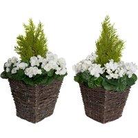 Greenbrokers Artificial White Geranium Rattan Patio Planters 60Cm 24In set Of 2 , White