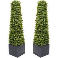 Greenbrokers Artificial Boxwood Pyramid Trees In Black Square Planter 90Cm 3Ft set Of 2 , Green