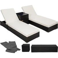Tectake 2 Rattan Sunloungers And Table w/ Protective Cover - Black, Black