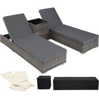 Tectake 2 Rattan Sunloungers And Table w/ Protective Cover - Dark Grey, Grey