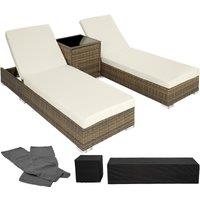 Tectake 2 Rattan Sunloungers And Table w/ Protective Cover - Cream, Cream