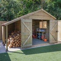 Forest Garden Timberdale T&G Pressure Treated 10x8 Reverese Apex Shed - Double Door - With Log Store - With Base, Brown