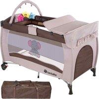 Tectake Travel Cot Elephant 132x75x104cm w/ Changing Mat Play Bar & Carry Bag Brown, Brown