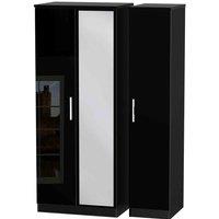 Welcome Furniture Ready Assembled Fourrisse Triple Mirrored Wardrobe - Black Gloss, Black