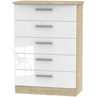 Welcome Furniture Ready Assembled Fourrisse 5 Drawer Chest - White Gloss and Bardolino Oak