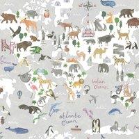 Holden Decor Animal Maps Grey Wallpaper 10m x 53cm, Grey