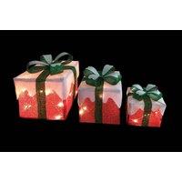 Snowtime Set Of 3 LED Lit Red Green And White Parcels, Multi
