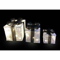 Snowtime Set Of 3 LED Lit Ivory And Black Parcels, Cream